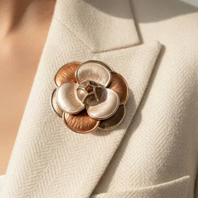 Fashnzfab Colored Metal Flower Magnetic Brooch In Brown