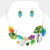 Fashnzfab Colored Metal Leaf Cluster Necklace In Multi