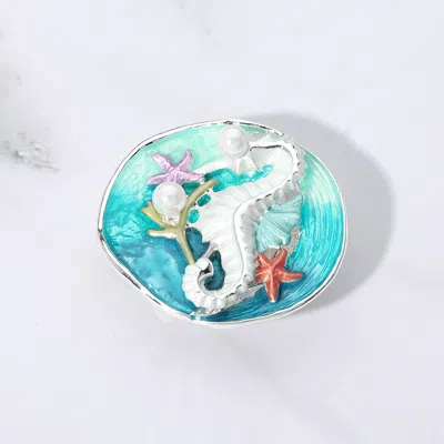 Fashnzfab Colored Metal Seahorse Starfish Pearl Magnetic Brooch In Blue