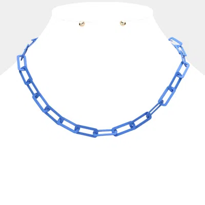 Fashnzfab Colored Open Metal Rectangle Link Necklace In Blue