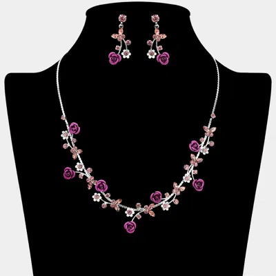 Fashnzfab Colored Rose Butterfly Rhinestone Vine Necklace In Pink