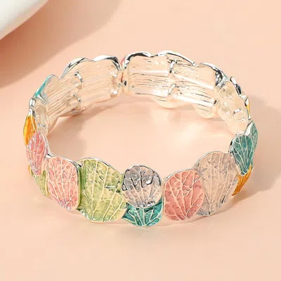 Fashnzfab Colored Textured Metal Leaf Motif Stretch Bracelet Multi