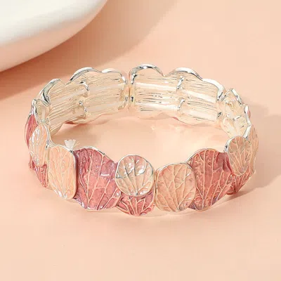 Fashnzfab Colored Textured Metal Leaf Motif Stretch Bracelet Pink