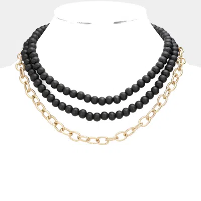 Fashnzfab Colored Wood Open Metal Oval Link Triple Layered Necklace In Black
