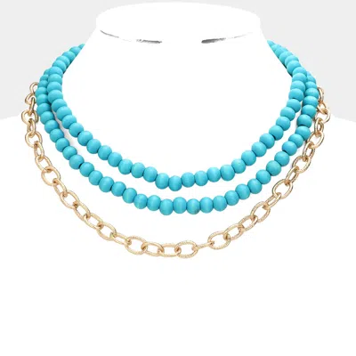Fashnzfab Colored Wood Open Metal Oval Link Triple Layered Necklace In Blue