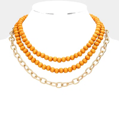 Fashnzfab Colored Wood Open Metal Oval Link Triple Layered Necklace In Gold