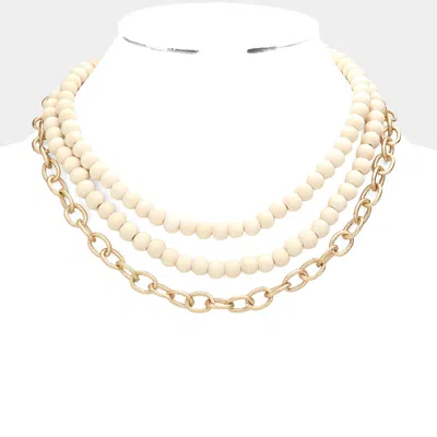 Fashnzfab Colored Wood Open Metal Oval Link Triple Layered Necklace In Gold