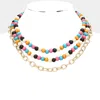 Fashnzfab Colored Wood Open Metal Oval Link Triple Layered Necklace In Multi