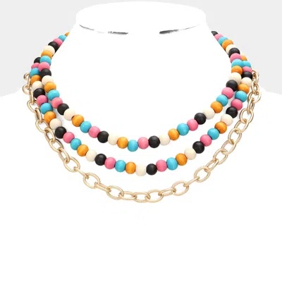 Fashnzfab Colored Wood Open Metal Oval Link Triple Layered Necklace In Multi