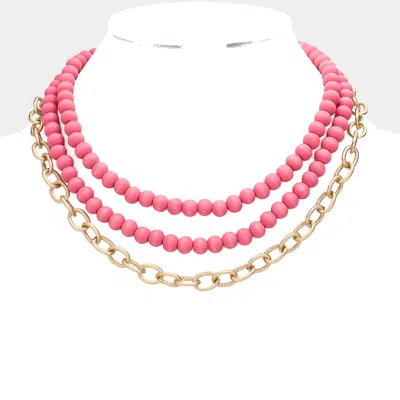 Fashnzfab Colored Wood Open Metal Oval Link Triple Layered Necklace In Pink