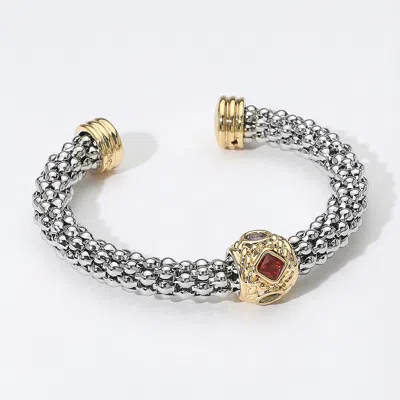 Fashnzfab Colorful Cz Stone Cluster Two Tone Mesh Chain Cuff Bracelet Multi In Silver