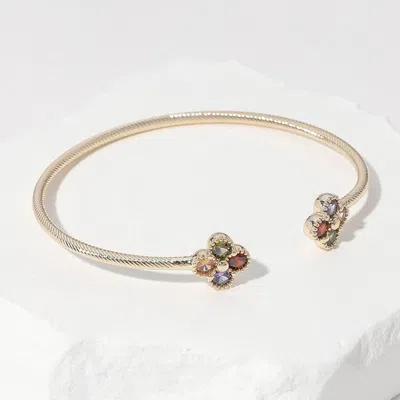 Fashnzfab Colorful Cz Stone Quatrefoil Tip Cuff Bracelet In Multi