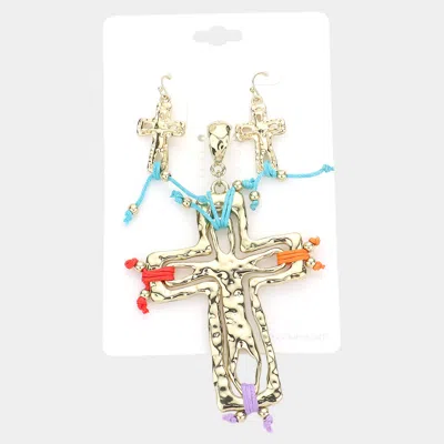 Fashnzfab Colorful Hammered Metal Cross Pendant Set In Blue