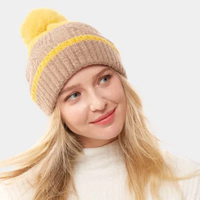 Fashnzfab Colorful Lurex Accented Two Tone Knit Pom Pom Beanie Hat In Beige