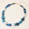 Fashnzfab Colorful Pebble Organic Pearl Beaded Chunky Chain Necklace In Blue