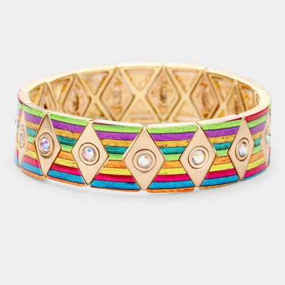 Fashnzfab Colorful Stripe Rhombus Rhinestone Metal Stretch Bracelet Multi, Worn Gold In Blue