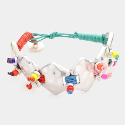Fashnzfab Colorful Thread Bead Hammered Metal Bracelet In Multi