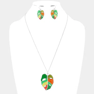 Fashnzfab Colorful Tropical Leaf Pendant Necklace In Metallic