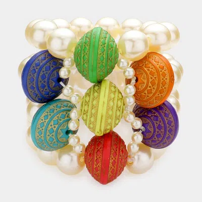 Fashnzfab Colorful Wood Pointed Multi Layered Pearl Stretch Bracelet Cream In Green