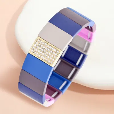 Fashnzfab Colorful Wood Rectangle Rhinestone Pave Stretch Bracelet Blue, Multi In Gold