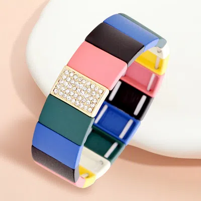 Fashnzfab Colorful Wood Rectangle Rhinestone Pave Stretch Bracelet Green, Multi In Gold
