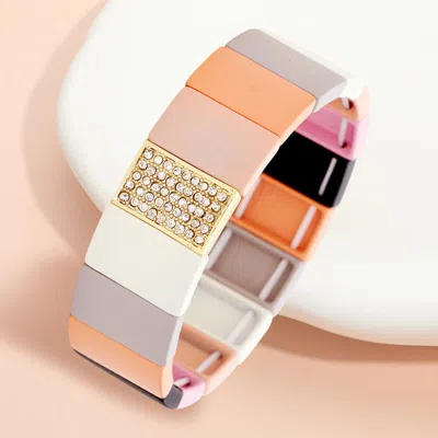 Fashnzfab Colorful Wood Rectangle Rhinestone Pave Stretch Bracelet Multi, White In Silver