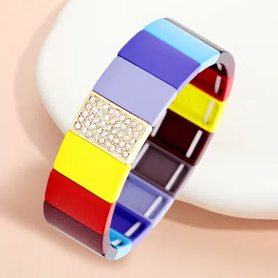 Fashnzfab Colorful Wood Rectangle Rhinestone Pave Stretch Bracelet Multi, Yellow In Blue