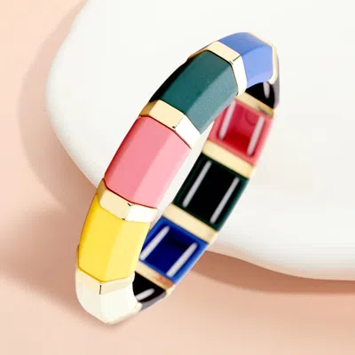 Fashnzfab Colorful Wood Stretch Bracelet Gold, Multi In Blue