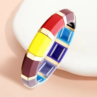 Fashnzfab Colorful Wood Stretch Bracelet Gold, Multi, Red, Yellow In Blue