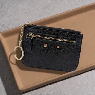 Fashnzfab Compact Slim Faux Leather Zip Card Holder Wallet With Key Ring In Black