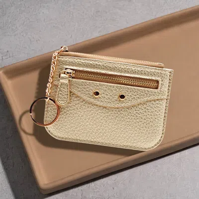 Fashnzfab Compact Slim Faux Leather Zip Card Holder Wallet With Key Ring In Gold