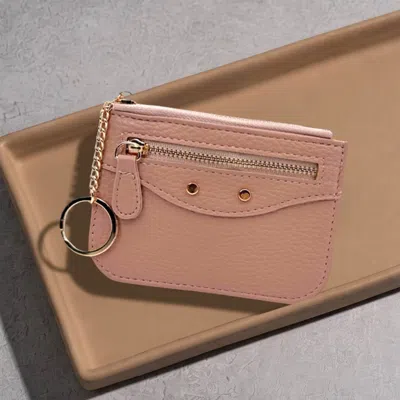 Fashnzfab Compact Slim Faux Leather Zip Card Holder Wallet With Key Ring In Pink