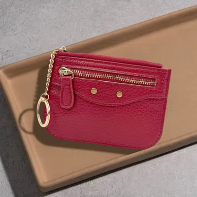 Fashnzfab Compact Slim Faux Leather Zip Card Holder Wallet With Key Ring In Red