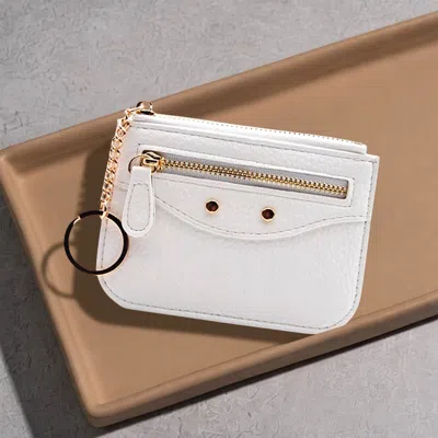 Fashnzfab Compact Slim Faux Leather Zip Card Holder Wallet With Key Ring In White