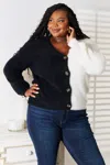 Fashnzfab Contrast Button-front V-neck Cardigan In Black