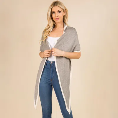 Fashnzfab Contrast Trim Open Front Knit Wrap Shawl Poncho Scarf In Gray