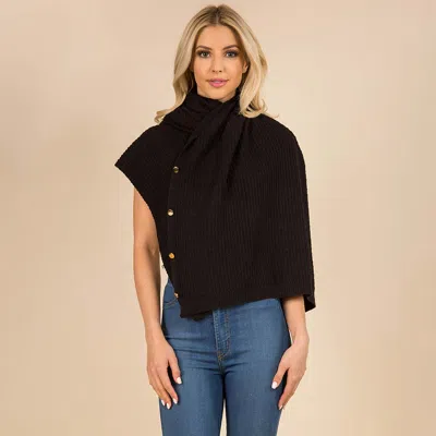 Fashnzfab Convertible Button Up Waffle Knit Shawl Cape Poncho In Black