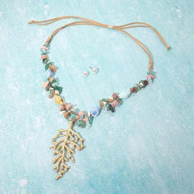 Fashnzfab Coral Branch Pendant Beaded Adjustable Cinch Pull Tie Statement Long Necklace In Silver