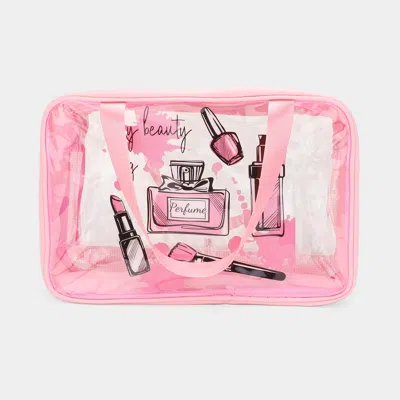 Fashnzfab Cosmetic Printed Translucent Mesh Divided Shoulder Bag / Tote Bag In Pink