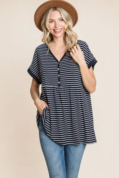 Fashnzfab Cotton Bleu By Nu Label Striped Button Front Baby Doll Top In Multi
