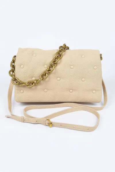 Fashnzfab Cotton Canvas Studded Chain Shoulder Bag In White