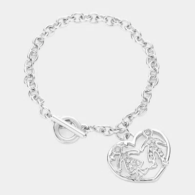 Fashnzfab Couple Accented Heart Charm Toggle Bracelet Rhodium In Silver