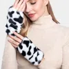 Fashnzfab Cow Patterned Faux Fur Fingerless Gloves In White