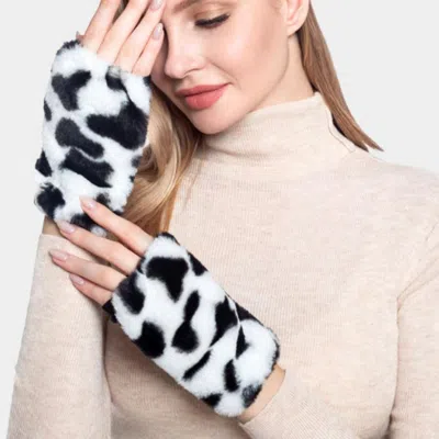 Fashnzfab Cow Patterned Faux Fur Fingerless Gloves In White