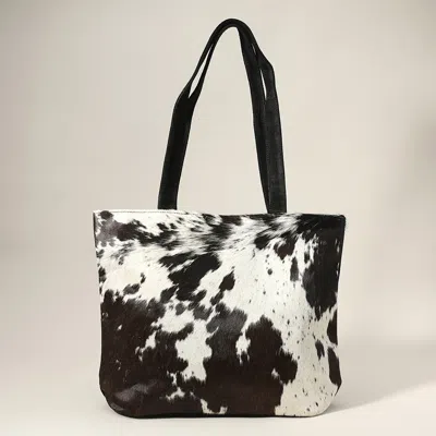 Fashnzfab Cow Patterned Genuine Fur Calf Tote Bag / Shoulder Bag In Black