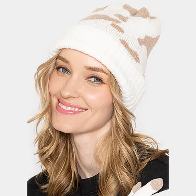 Fashnzfab Cow Patterned Ribbed Knit Cuff Beanie Hat In Beige
