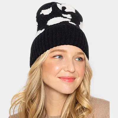 Fashnzfab Cow Patterned Ribbed Knit Cuff Beanie Hat In Black