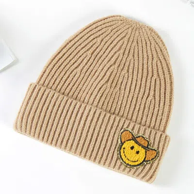 Fashnzfab Cowboy Hat Smile Accented Knit Beanie Hat In Beige