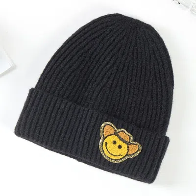 Fashnzfab Cowboy Hat Smile Accented Knit Beanie Hat In Black