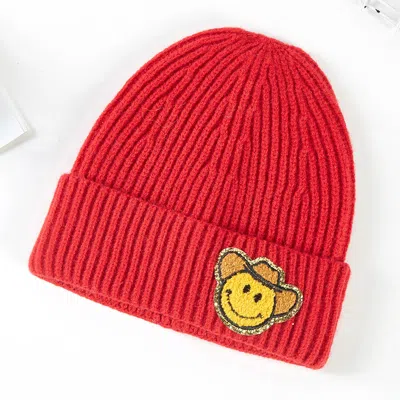 Fashnzfab Cowboy Hat Smile Accented Knit Beanie Hat In Red